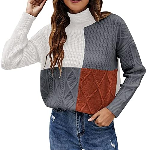 Дамски Пуловери с високо Воротом в Цвят Блок, Есенна Мода 2022, Вязаный Пуловер с Дълъг Ръкав, Жилетка Свободно,