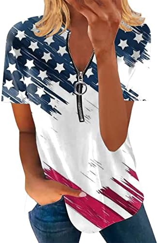 2023 Женска Тениска с Американския Флаг, Блузи с Цип Наполовина за Жени, Модни Патриотични Фланелки с Къс Ръкав,