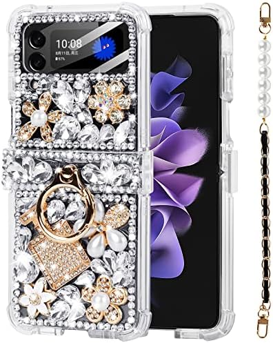 Калъф Leiju за Samsung Galaxy Z Flip 4 с каишка, 3D Ръчно изработени, Великолепни Искрящи Камъни, с украса във
