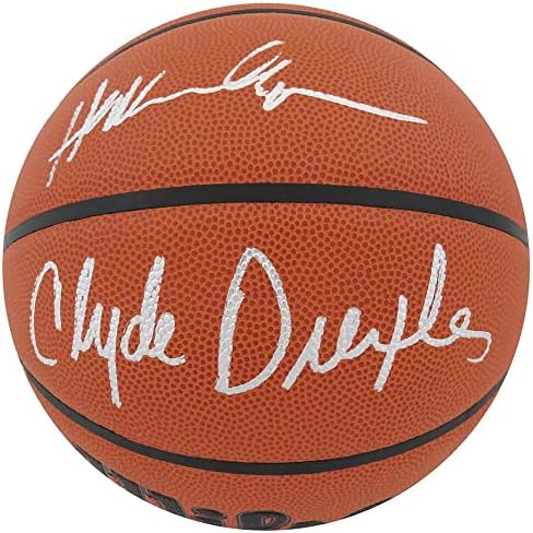 Хаким Оладжувон и Клайд Drechsler с двойно автограф на Уилсън В закрито / На открито Баскетбол НБА Баскетболни