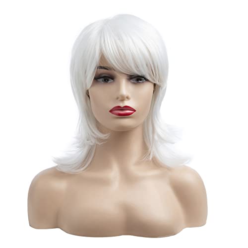 Бели перуки Baruisi за жени, обрасъл с многослоен перука от кефал с бретон с дължина до раменете, Синтетични