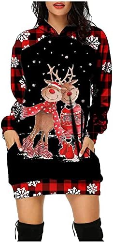 NOKMOPO Коледна Рокля за Жените, Модерен Случайни Пуловер с Дълги ръкави и Коледните Принтом, Рокля с Качулка,