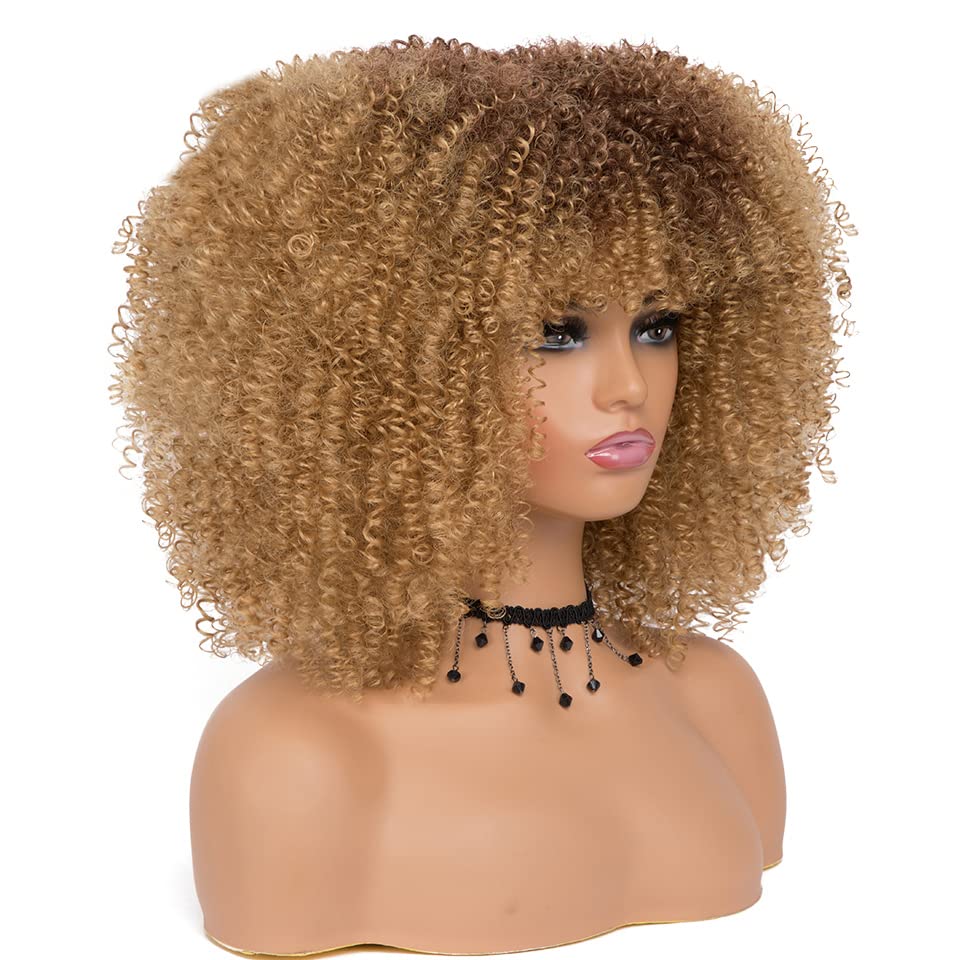 Къса коса афро къдрава перуки с бретон за черни жени, естествено синтетичен омбре, бесклеевые светли перуки-боб